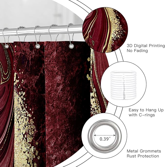 4PCS Burgundy Red Marble Shower Curtain Sets with Rugs, Abstract Bathroom Sets with Shower Curtain and Rugs, Gold Bathroom Curtains Shower Set with Toilet Lid Cover Accessories