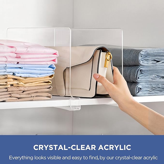 HBlife 12 Pcs Clear Acrylic Shelf Dividers, Vertical Purse Organizer for Closet Perfect for Sweater, Shirts, Handbags in Bedroom and Kitchen, Closet Separators for Organization Cabinet