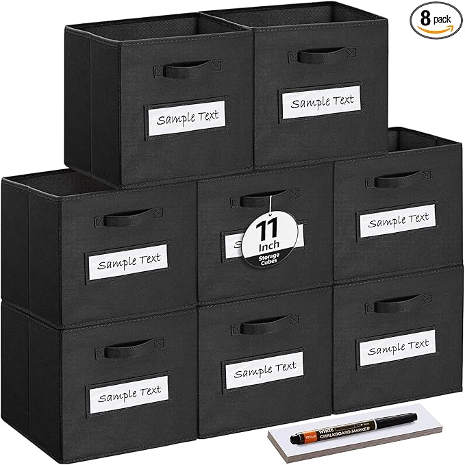 artsdi Fabric storage cubes (Set of 8) 11 Inch Cube Storage Bin, Cube storage with 8 Labels Window Cards & a Pen, Foldable cube organizer bins,11x11 Storage bin, Cubby Organizer Boxes, Black