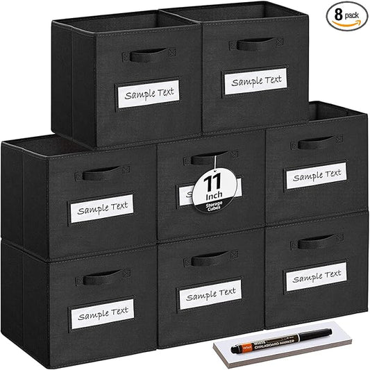 artsdi Fabric storage cubes (Set of 8) 11 Inch Cube Storage Bin, Cube storage with 8 Labels Window Cards & a Pen, Foldable cube organizer bins,11x11 Storage bin, Cubby Organizer Boxes, Black