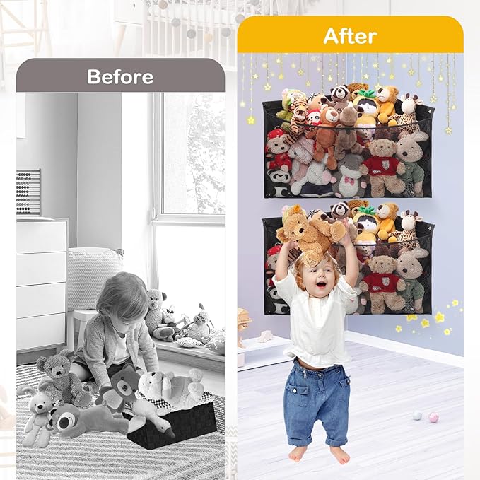 ANROYE 2PCS Large Corner Stuffed Animal Storage, Kids Plushies Toy Black Wall Hammock for Girls Room, Baby Squishmallow Holder for Nursery, Organizer Idea for Bear Hanging Display Boy Gift