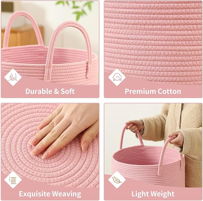 Woven Laundry Hamper Tall Rope Storage Basket for Blanket toys Dirty Clothes in Living Room Bathroom Bedroom (Pink, 100L/26.4Gal)