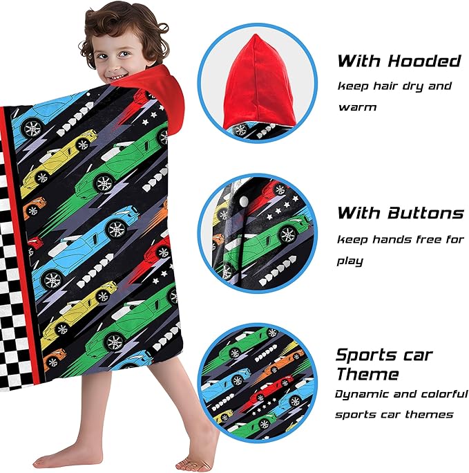 Hooded Towels for Kids -Toddler Beach Towel- Super Absorbent & Quick Dry 100% Cotton 35x60 Inch - to Kid Ages 3-12-Racing Car Swim Towels