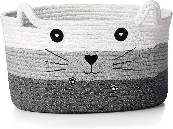 Zopeal Cat Basket Storage Woven Organizer with Ears Christmas Decorative Pet Toy Cute Cotton Rope Basket for Gift Cat Dog Toy Bin Nursery Room(13.7 x 7.8 Inch,White, Light Gray, Dark Gray)