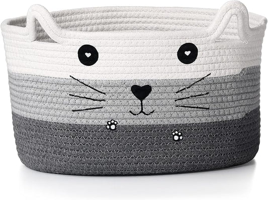 Zopeal Cat Basket Storage Woven Organizer with Ears Christmas Decorative Pet Toy Cute Cotton Rope Basket for Gift Cat Dog Toy Bin Nursery Room(13.7 x 7.8 Inch,White, Light Gray, Dark Gray)