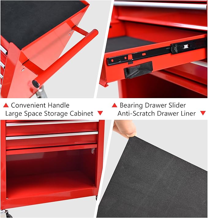 4-Drawer Rolling Tool Chest Cabinet, Large Capacity Metal Tool Box with Wheels, Storage Organizer Tool Cart for Garage, Warehouse, Work Shop (Red)