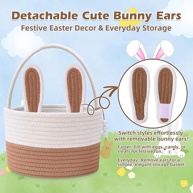 Easter Baskets for Kids, Small Bunny Personalized Easter Basket Empty with Handle, Basket Name Tags, Woven Rope Baby Easter Egg Baskets for Babies Girls Boys Toddler Infant, 9" x 9" x 6.3"