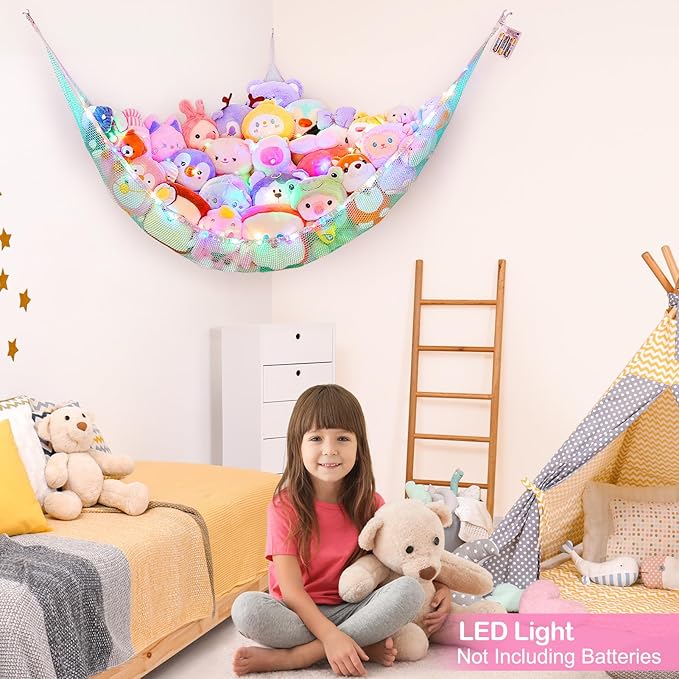 Basumee Stuffed Animals Net or Hammock with LED Light Hanging Toy Net Hammock for Stuffed Animals Storage Stuff Animals Hammocks for Nursery Room with Remote Control, 8 Kinds of Lights(Pack of 1)