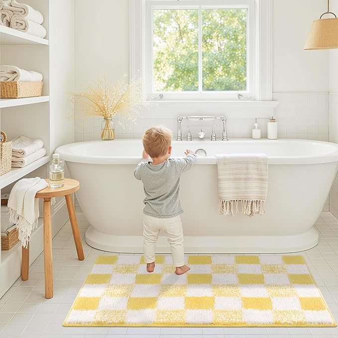 GRANNY SAYS Checkered Yellow Bathroom Rugs, 36" x 24", Non-Slip Bath Mats for Bathroom, Plush Shag Absorbent Microfiber Ultra Soft Bath Mat, Cute Washable Rug for Tub, Shower, Bedroom