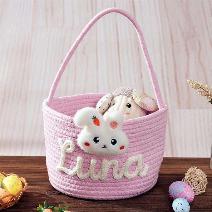 JUPPE Custom Easter Basket, Personzlized Bunny Basket with Kids Name, Cotton Rope Storage Organizer Nursery Decor Easter Eggs Gift (Bunny Basket)