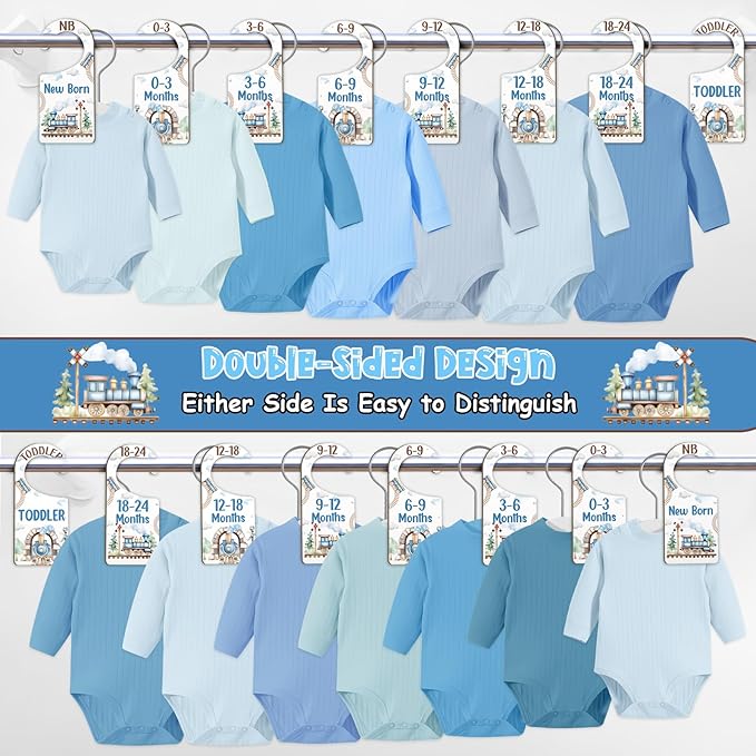 Baby Closet Dividers 8PCS, Retro Train Themed Wooden Double-Sided Clothes Size Hanger/Organizer from Newborn to Toddler for Nursery Decor Baby Shower Birthday Gender Reveal Party Gift