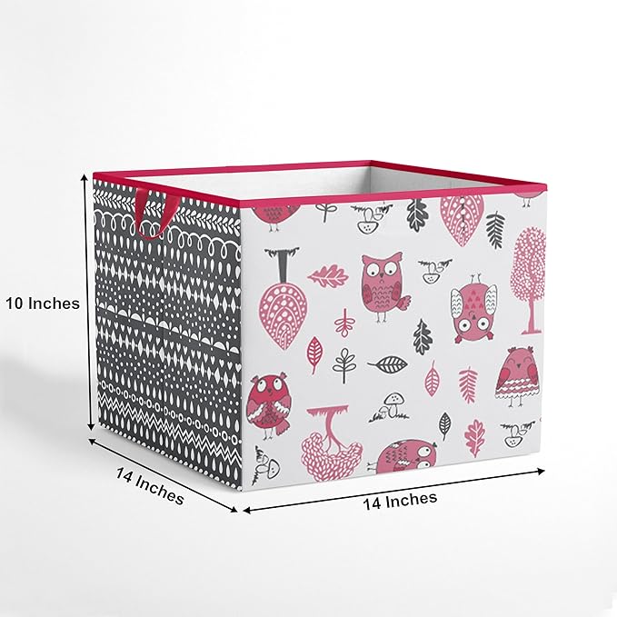 Bacati - Large Storage Tote Owls in the Woods Pink/Grey 14 X 14 X 10 inches