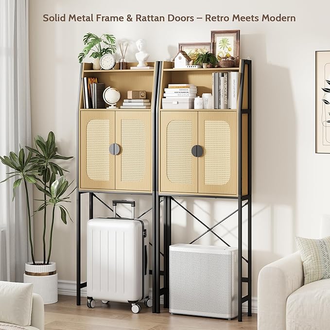 Over The Toilet Storage Cabinet with Rattan Doors, Bathroom Organizer with Adjustable Shelf, Metal Frame & Anti-Tip Device, Space-Saving Wood Cabinet for Bathrooms, Laundry Room, Natural