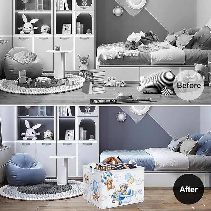 Clastyle 36L Large Blue Bear Pilot Hot Air Balloon Shelf Basket with Handle Collapsible Rectangle Toy Clothes Storage Basket for Kid Room Nursery, 40 * 30 * 30 cm