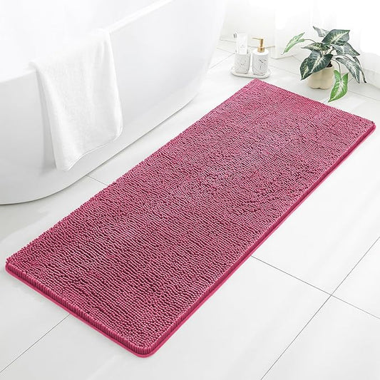 Hot Pink Bathroom Rugs 24"x60" - Long Plush Chenille Non-Slip Runner Bath Mat - Absorbent, Washable, Soft Decor for Shower, Sink, Tub, Floor, Home Accessories