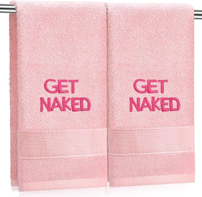 2 Pcs Pink Get Naked Hand Towels 100% Cotton Embroidered Bathroom Pink Towel Modern Decorative Housewarming Gifts, Funny Bathroom Decor 29 x 13 Inch