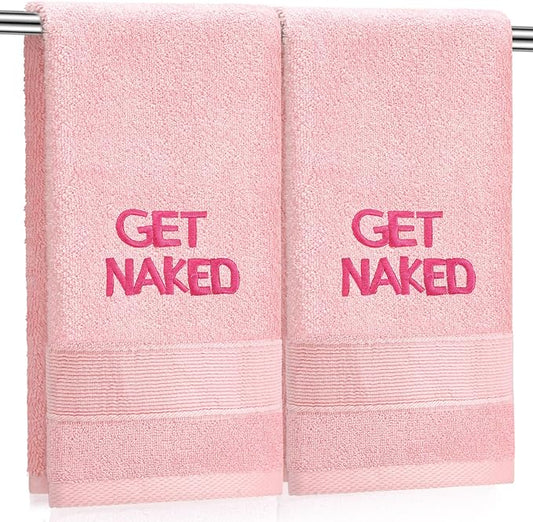 2 Pcs Pink Get Naked Hand Towels 100% Cotton Embroidered Bathroom Pink Towel Modern Decorative Housewarming Gifts, Funny Bathroom Decor 29 x 13 Inch