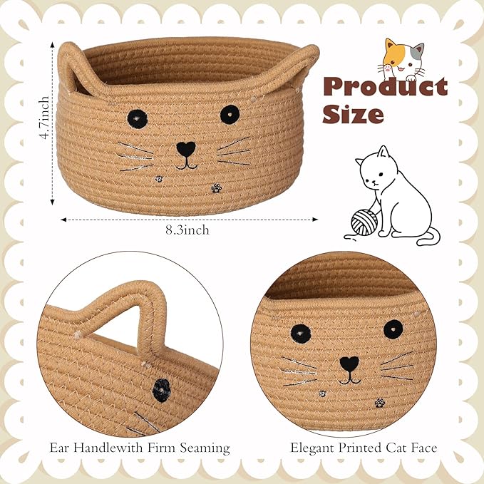 Zopeal Cat Basket Storage Woven Organizer with Ears Christmas Decorative Pet Toy Cute Cotton Rope Basket for Gift Cat Dog Toy Bin Nursery Room(8.3 x 4.7 Inch,Khaki)