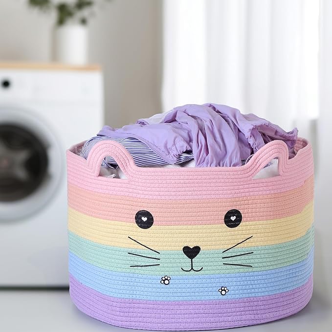 Zopeal Cat Basket Storage Woven Organizer with Ears Christmas Decorative Pet Toy Cute Cotton Rope Basket for Gift Cat Dog Toy Bin Nursery Room(21.7 x 13.8 Inch,Macaron Color)