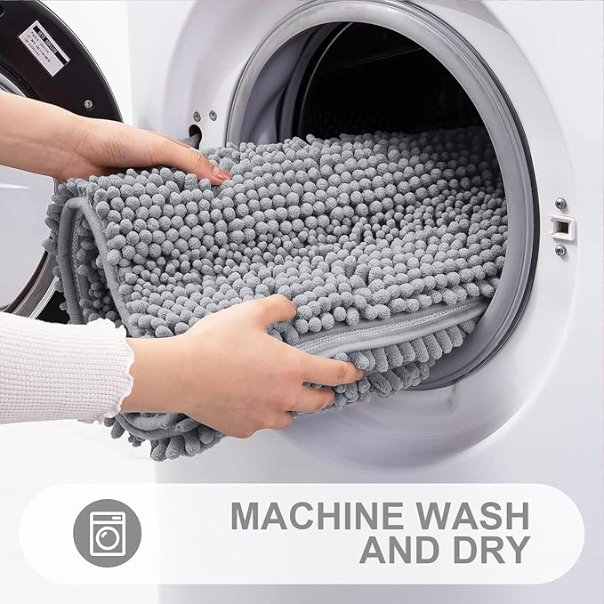 Grandaily Chenille Striped Bathroom Rugs 70x24, Extra Thick and Absorbent Bath Mats, Non-Slip Soft Plush Shaggy Shower Carpet, Machine Wash Dry, Bath Rug for Bathroom, Light Grey