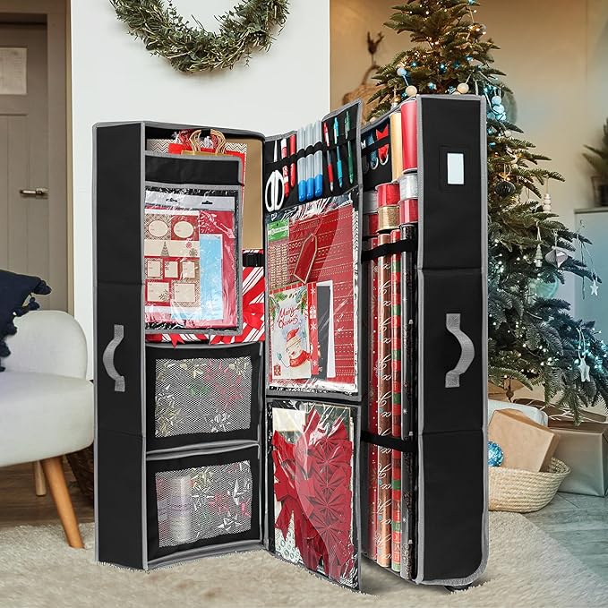 Hearth & Harbor Holiday Storage with Extra 2 PC of Christmas Storage Bins and Ribbon Storage Organizer - Fade Resistant Wrapping Paper Storage Containers with Wheels Fits Up to 30 Rolls of 40" Length