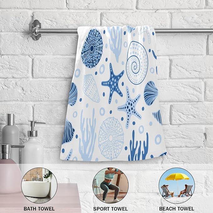 2 Pcs Blue Coastal Decorative Hand Towels for Bathroom,Soft Absorbent Summer Nautical Starfish Seashell Beach Dish Towels for Kitchen,Quick Dry Guest Bathroom Towels for Face,Shower 14"x28"