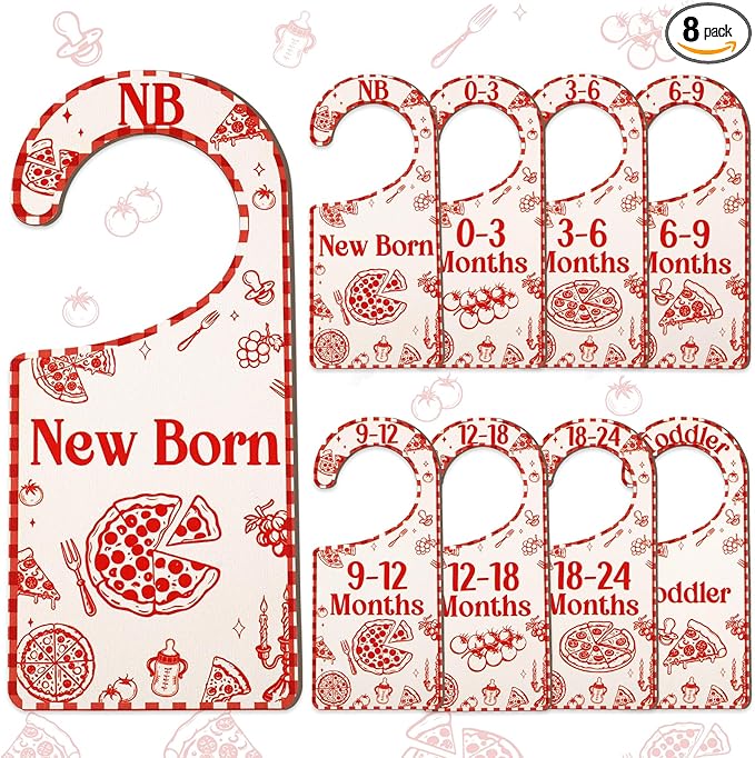 Baby Closet Dividers 8PCS, Red Italian Themed Wooden Double-Sided Clothes Size Hanger/Organizer from Newborn to Toddler for Nursery Decor Baby Shower Birthday Gender Reveal Party Gift