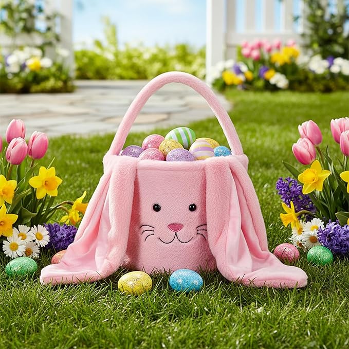 Plush Easter Bunny Basket, Easter Egg Hunt Basket with Plush Ears, Bunny Bucket Tote for Candy Party Favors Holiday Decorations (Plush-Pink)