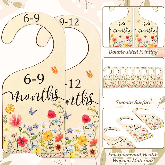 AnyDesign 8Pcs Wildflower Wood Baby Closet Dividers Newborn to 24 Months Baby Wardrobe Organizer Spring Vintage Floral Hanging Closet Organizer for Home Nursery Birthday Decor
