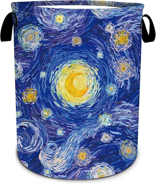 Starry Night Laundry Basket, Foldable Waterproof Oxford Cloth Laundry Hamper Funny Tote Bag Dirty Clothes Storage Bucket Toy Organizer for Bathroom/Laundry/Bedroom 15.7"x19.6"