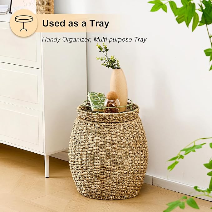 Round Wicker Basket with Lid, Handwoven Seagrass Storage Basket, Blanket Organizer Basket for Laundry, Bathroom, Bedroom, Living Room, Office