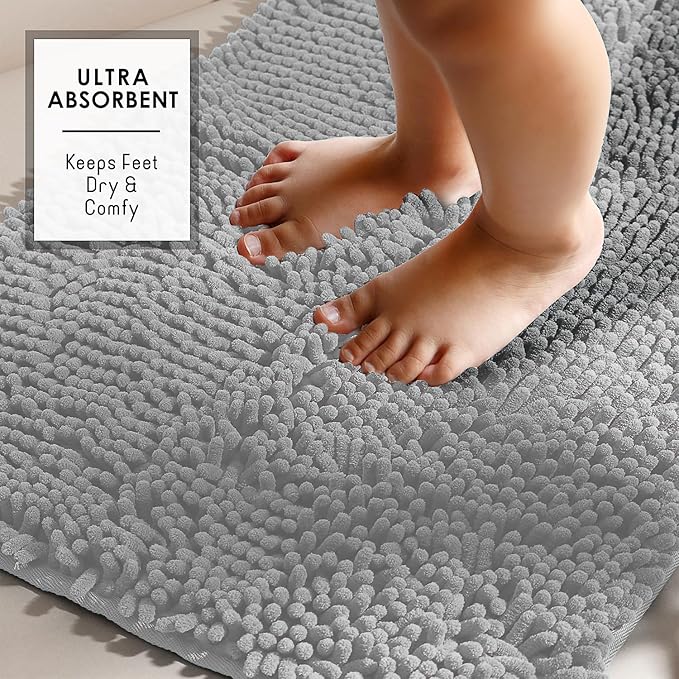 Hearth & Harbor Bathroom Rugs, Chenille Bath Mat - Machine Washable Bath Mats for Bathroom Non-Slip Backing Rubber, Quick Dry Bathroom Mat - Silver Bath Rug, 20x32