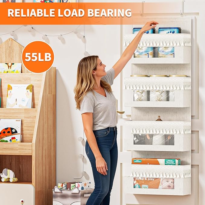 Aokeyee 4 Tier Over The Door Organizer Storage Nursery, Boho Door Organizer Hanging with Tassels and Clear Window, 55lb Behind The Door Storage for Baby Nursery, Bedroom, Bathroom, Laundry, Pantry
