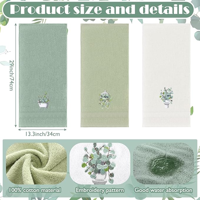 3 Pcs Eucalyptus Hand Towels Farmhouse Embroidered Botanical Bathroom Decor 13.3x29.5 Inch Farmhouse 100% Cotton Decorative Green Leaves Hand Towels for Bathroom Kitchen