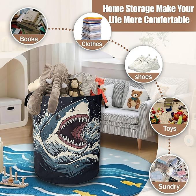 Shark Big Mouth Laundry Hamper,Ocean Wave Laundry Baskets,Waterproof Oxford Cloth Toy Storage for Bedroom,Bathroom,Nursery,16x20.8 Inch