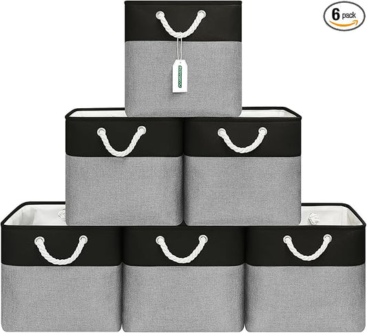 13x13 Inch Cube Storage Bins with Reinforced Bottom Cardboard, 6 Pack Large Foldable Fabric Storage Cubes with Handles for Shelf, Closet, Laundry Organization (Black&Gray)