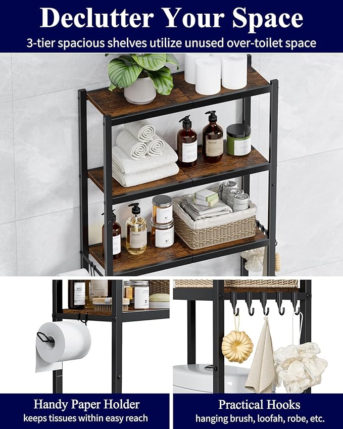Kitsure Over The Toilet Storage Rack - Freestanding Over The Toilet Storage Cabinet with Paper Holder & Hooks, Bathroom Organizers and Storage, Brown + Black, 3 Tiers (61" H)