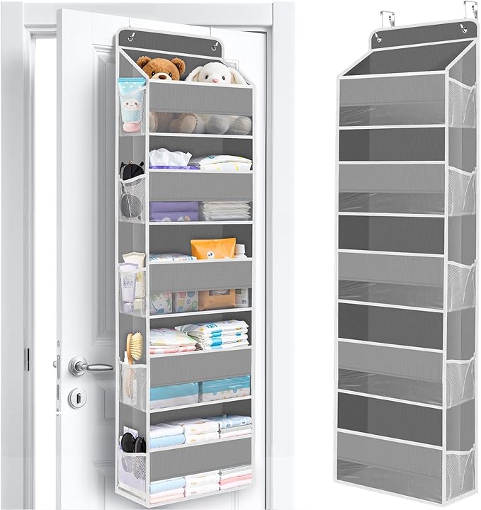WISELIFE Over The Door Organizer Storage with 5 Large Pockets Door Hanging Organizer with Clear Windows Behind The Door Storage for Nursery Bedroom Bathroom Pantry Closet and Baby Essentials Grey