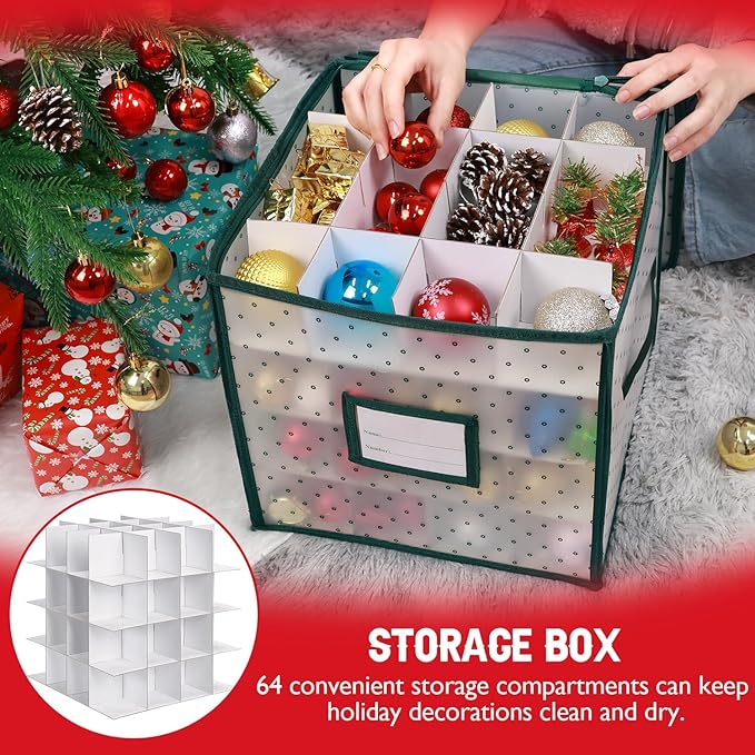 BINSUNS Christmas Ornament Storage Box, Christmas Storage Containers Organizer Bag with Dividers - Fits up to 64 Holiday Xmas Ornaments Decorations 3” Seasons Balls(Mixed Black)
