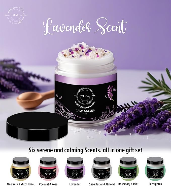 Epsom Bath Salts Gift Set, Relaxing Spa Salt & Essential Oils, Bubble Bath Soaks - Lavender, Eucalyptus, Coconut, Shea Butter, Rose Mary & Aloe Vera Self Care Gifts for Women (6 Pack)
