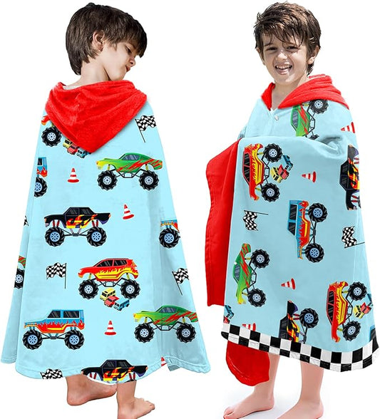 Hooded Towels for Kids -Monster Toddler Beach Towel- Super Absorbent & Quick Dry 100% Cotton 35x60 Inch - to Kid Ages 3-12-Truck Cars Swim Towels