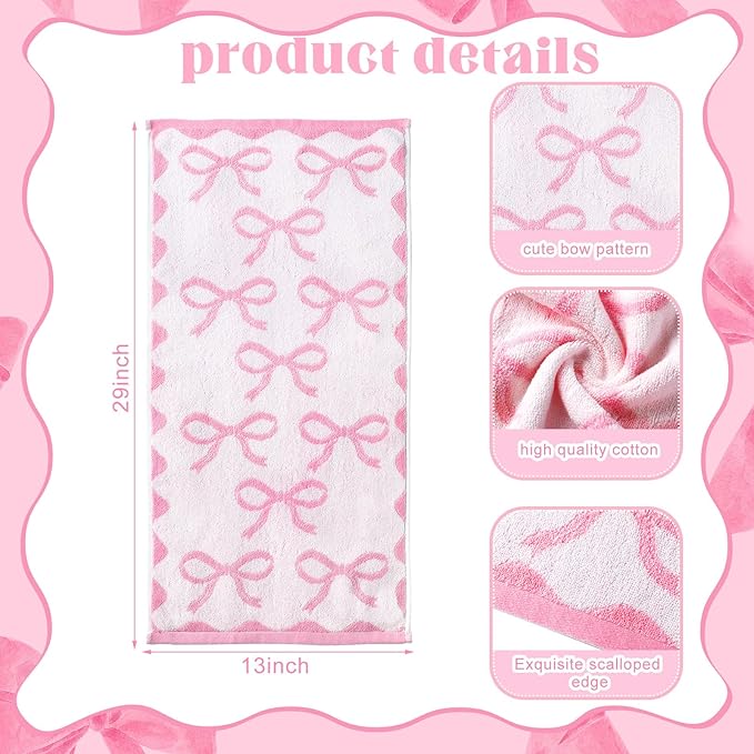 4 Pcs Pink Bow Hand Towels for Bathroom 13 x 29'' Soft 100% Cotton Coquette Face Towel Valentine's Day Kitchen Decor Absorbent Preppy Bathroom Decor Bridal Shower Wedding Gift