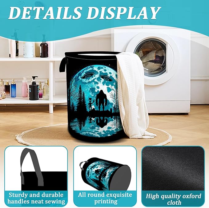 Bigfoot and Alien Laundry Basket, Moon Forest Laundry Hamper Foldable Waterproof Funny Tote Bag Dirty Clothes Storage Bucket Toy Organizer for Bathroom/Laundry/Bedroom 15.7"x19.6"