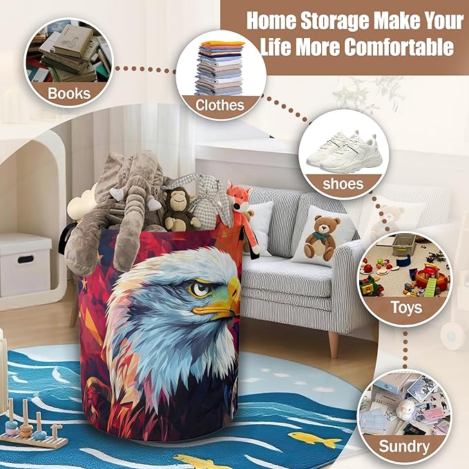Eagle American Flag Laundry Basket, Laundry Hamper Waterproof Oxford Cloth Tote Collapsible,Clothes Storage Bucket Decorative Toy Organizer For Bathroom Bedroom 16" x 20.8"