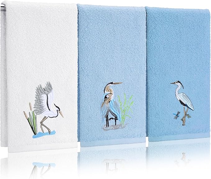 3 Pack Heron Coastal Hand Towels for Bathroom 100% Cotton Embroidered Beach Bathroom Towels 13.78 x 29.53 Inch Soft Absorbent (Blue Series, Heron)