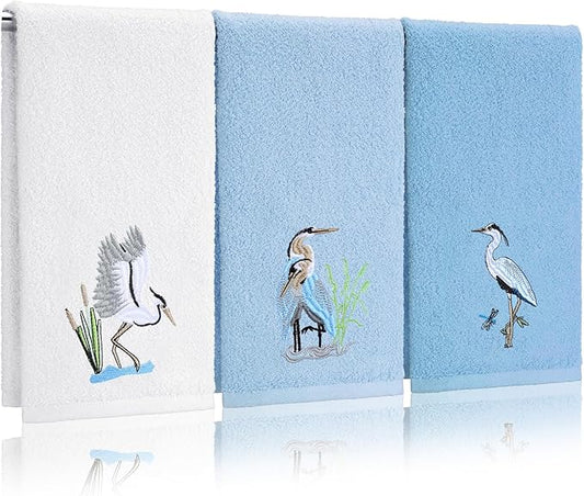 3 Pack Heron Coastal Hand Towels for Bathroom 100% Cotton Embroidered Beach Bathroom Towels 13.78 x 29.53 Inch Soft Absorbent (Blue Series, Heron)