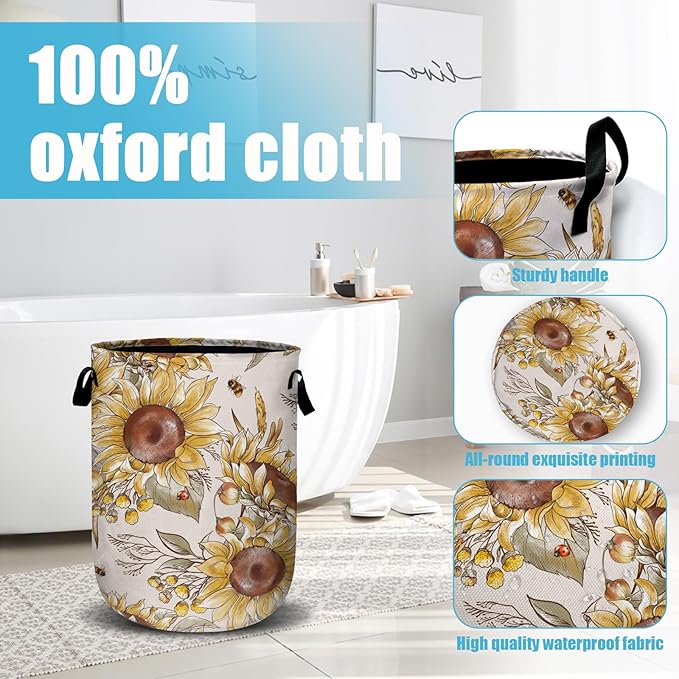 Fall Sunflowers Laundry Basket, Ladybird Honeybee Laundry Hamper Collapsible Oxford Cloth with Handle Clothes Toy Storage Bin for Bathroom Laundry Room Bedroom 15.7 X 20 Inch
