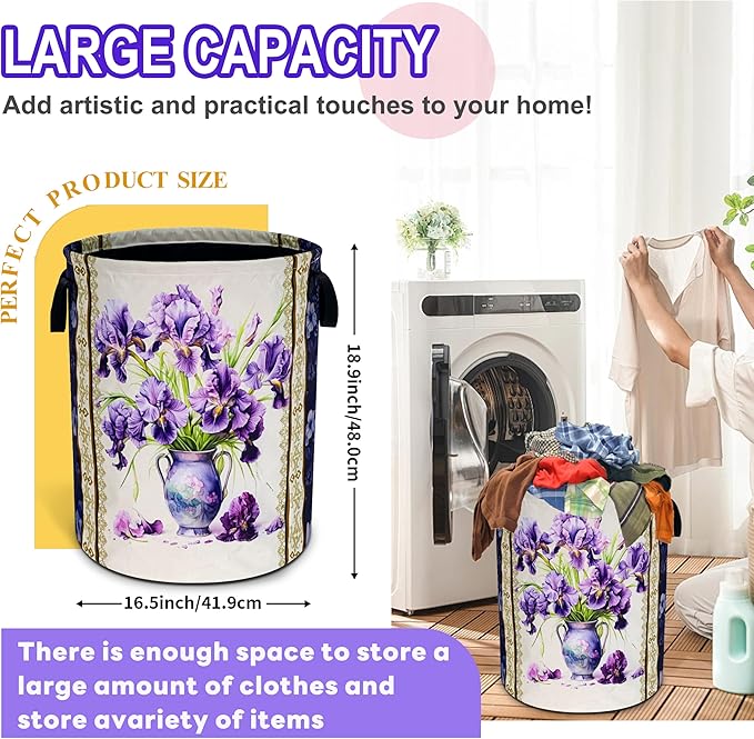 Iris Flower Laundry Basket Purple Floral Oxford Cloth Laundry Hamper Funny With Handle Foldable Portable Clothes Storage Basket 18.9 X 16.5 In Storage Bag For Laundry Room/Bathroom/Bedroom/Dormitories