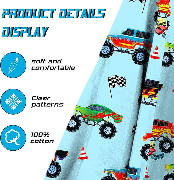 Hooded Towels for Kids -Monster Toddler Beach Towel- Super Absorbent & Quick Dry 100% Cotton 30x50 Inch - to Kid Ages 3-10-Truck Cars Swim Towels
