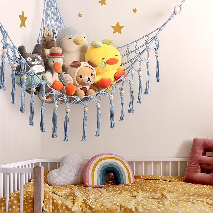 Stuffed Animal Toy Storage Hammock with LED Light-Macrame Jumbo Doll Room Organizer Mesh Decoration-Hanging Storage Nets Kids Bedroom(Blue Beads)